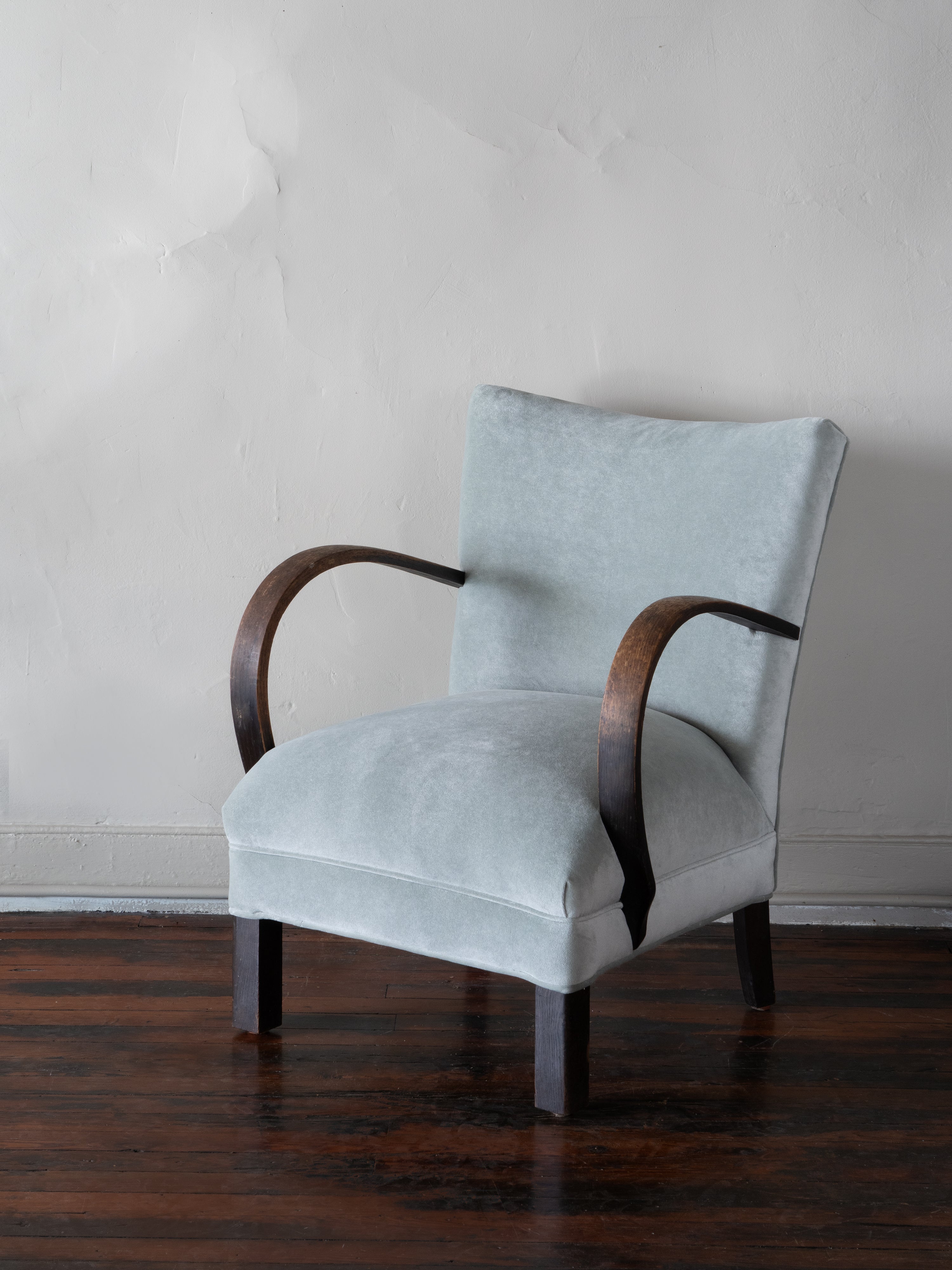 Danish Oak Lounge Chair in Blue Velvet